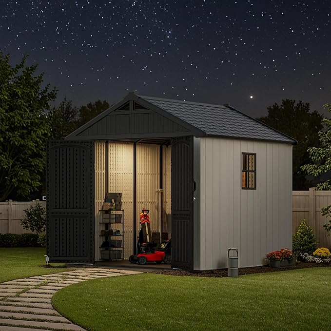 Patiowell 8 x 8 FT Resin Outdoor Storage Shed with Floor, Large Shed with Light and Lockable Door for Garden, Backyard, Tool Storage Use, Easy to Install in Beige (Kick-it Shed)