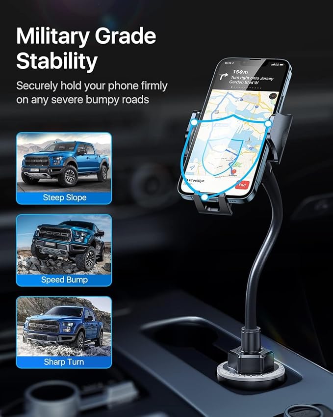 andobil Military-Grade Cup Phone Holder for Car/Truck, [2025 Enhanced] 13" 360° Adjustable Gooseneck w/Anti-Shake Car Mount, Universal Car Phone Holder for iPhone/Samsung/Pixel All 4.0-7.0" Devices