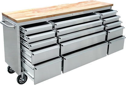 CT Copper Tailor 72-inch Rolling Tool Chest with 15 Drawers and Wheels, Mobile Garage Workbench, Large Tool Box Storage Tool Cabinet with Wood Top for Workshop,Stainless Steel