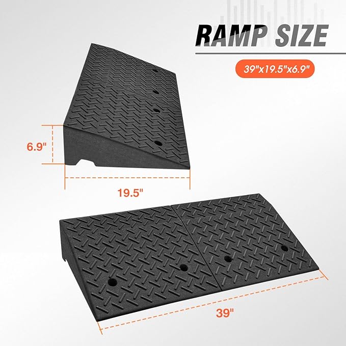 DNA MOTORING 6.9" Rise Rubber Curb Ramp Heavy Duty Loading Driveway Ramp Threshold Ramp 39 in L x 19.5 in W x 6.9 in H for Loading Dock, Warehouse, Wheelchair, Motorcycles, Cars, TOOLS-00653