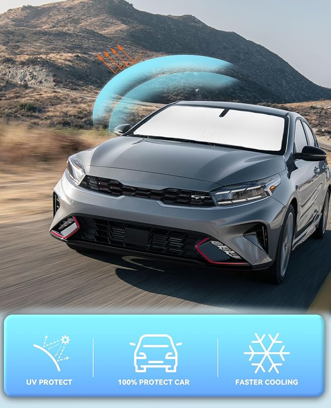 Sun Shade for Forte Windshield Sunshades for 2019-2024 2025 Kia Forte Windshield Cover Foldable Front Window Shields 240T Silver Coating Protector Sun Visor Blocks UV Rays Heat Car Accessories