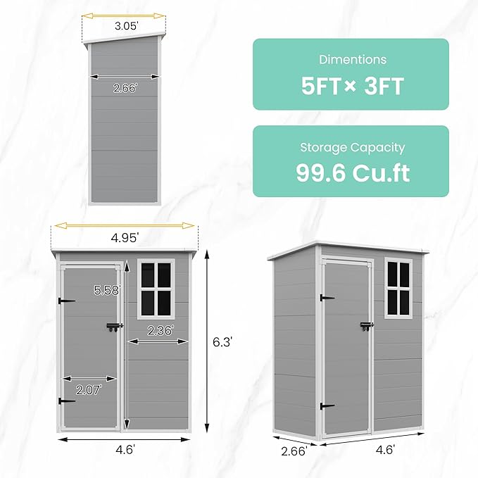 UDPATIO Outdoor Storage Shed 5x3 FT, Plastic Garden Shed for Bike, Garbage Can, Tool, Outside Sheds & Outdoor Resin Shed with Lockable Door for Backyard, Patio, Lawn, Grey & White