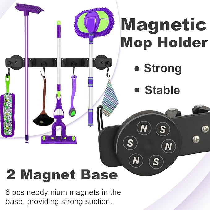 Magnetic Mop Broom Holder, Heavy Duty Magnetic Mop Hanger with Swivel Hooks for Cleaning Tools, Strong Magnet Mount Tool Hanger Organize System Utility Rack for Refrigerators Laundry Garage Kitchen