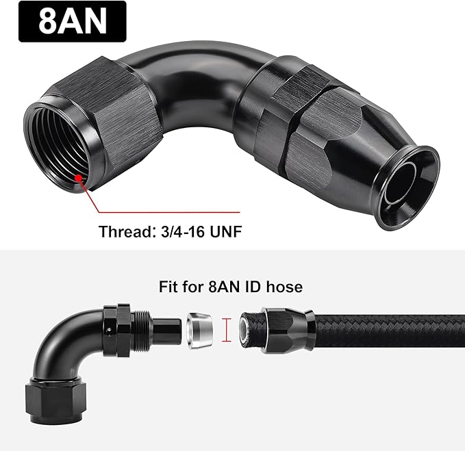 EVIL ENERGY 8AN 90 Degree PTFE One Piece Full Flow End Hose Fitting Aluminum Black