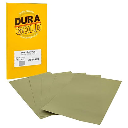 Dura-Gold Premium 5000 Grit Wet or Dry Sandpaper Sheets, 5-1/2" x 9", Box of 25 - Auto Car Color Sanding Detailing, Polishing Wood, Plastic, Glass, Epoxy, Stone, Metal Finishing Hand Sand Block Sander