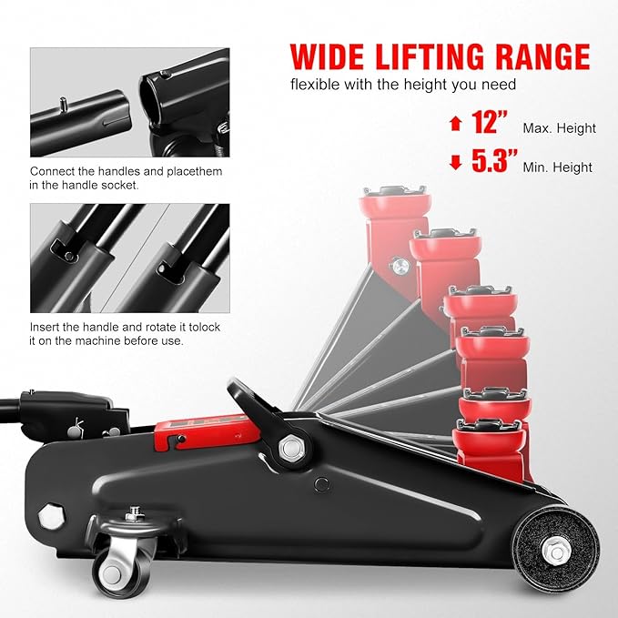 DNA MOTORING Low Profile Hydraulic Trolley Service/Floor Jack, 1.5 Ton (3000 lbs) Capacity, Lifting Range 5.3"-12", Black, TOOLS-00327-BK