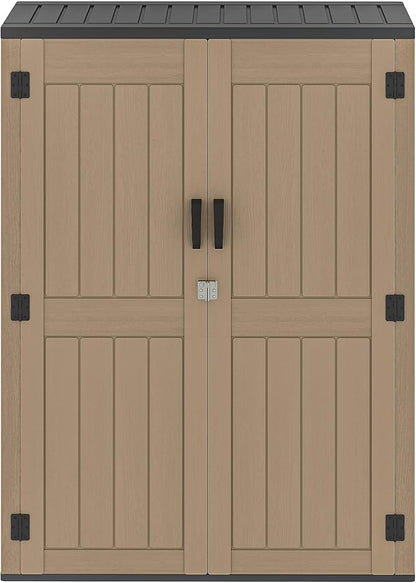 DWVO 59 Cu. Ft. Vertical Storage Shed, Weatherproof Outdoor Tall Cabinet with Double-Wall Panels and Floor, Lockable Resin Shed for Garden, Garage, Patio,Brown (Shelves Not Included)