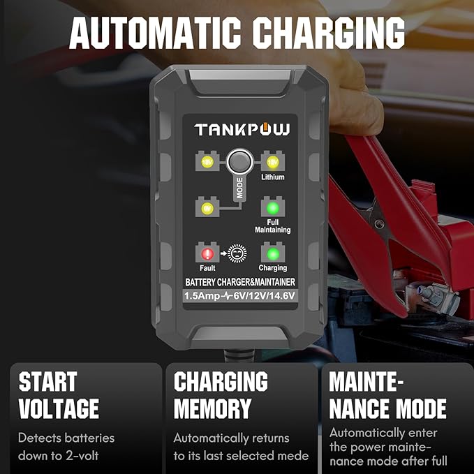 1.5-Amp Smart Car Battery Charger,6V and 12V Automotive Battery Charger Battery Maintainer,Trickle Charger,Float Charger for Cars,Motorcycle,ATV,AGM,Gel,Lithium and Deep Cycle Batteries
