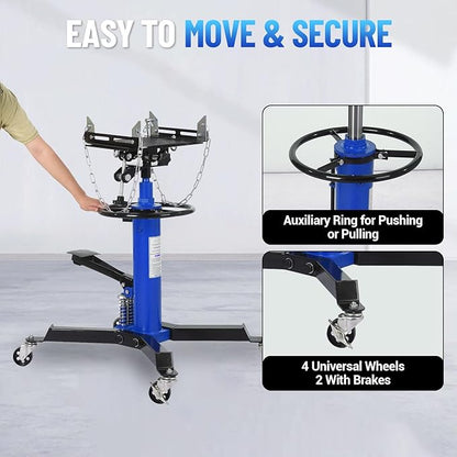 Dual Plunger Hydraulic Transmission Jack 1322lbs Capacity, 33.5"-69" High Lift 2-Stage Hydraulic Telescoping Jack, Trans Jack Stand with 8MM Non-Slip Pad, Foot Pedal & Swivel Wheel, Blue