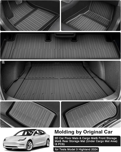 Powerty Floor Mats & Cargo Liner for 2024 2025 Tesla Model 3 Highland Accessories Cargo Mat& Front Storage Mat& Rear Storage Mat All Weather TPE 3D Floor Liners 2 Row Liner Set(6 PCS)