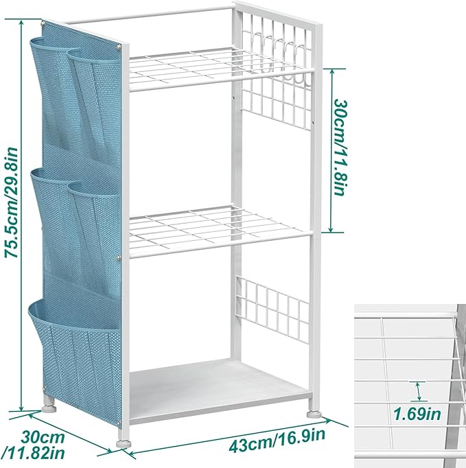 YBING Garden Tool Organizer, Yard Tool Stand with Side Storage Pockets, Yard Tower Rack for Garage Storage, Freestanding Tools Organizers and Storage for Shed, White
