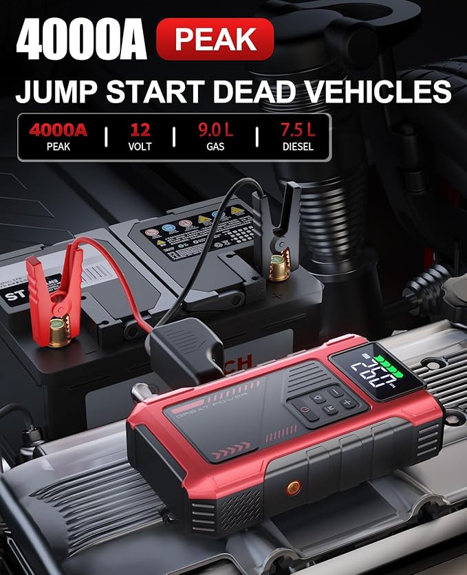 4000A Car Jump Starter with Air Compressor, Portable Charger Jumpstart 12V Vehicle, Power Pack with 150PSI Tire Inflator for 9.0L Gas/7.5L Diesel Engines Jump Box with Light and Jumper Cable