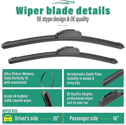 26" 16" 11" Windshield Wiper Blades Replacement for Hyundai Tucson 2022 2023 2024 Premium All Weather Front Rear Wipers Set - OEM Quality (Pack of 3)