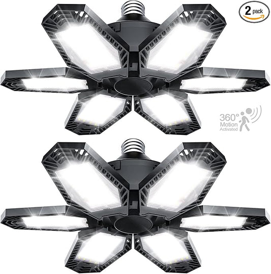 TANBABY 2 Pack Motion Sensor Garage Light, Total 30000LM Deformable Garage Lighting, 150W LED Ceiling with Motion, Ultra Bright Motion Activated LED Shop Light for Attic, Basement