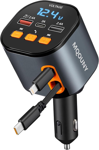 Retractable Car Charger,5 in 1 Fast Car Phone Charger 90W,Bluetooth 5.3 FM Transmitter Adapter,Handsfree Call,2 Retractable Cables and USB Cars Chargers for iPhone 15/14/13 (Black)