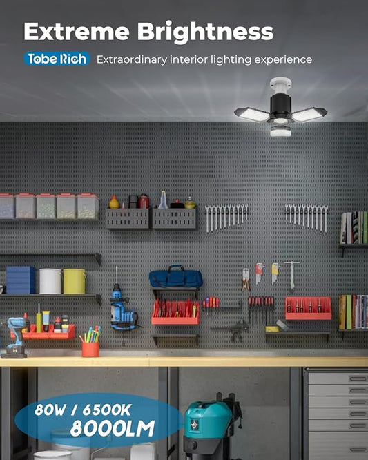 LED Garage Lights 4 Pack, 8000LM Shop Lights with 3+1 Deformable Panels, 6500K Screw in Ceiling Lights for Garage, Workshop, Workbench, Basement
