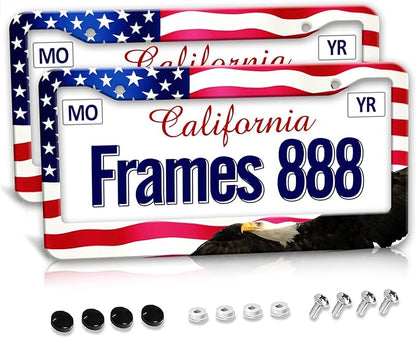 American Flag License Plate Frame American Flag License Plate Holder American Flag Eagle License Plate Frame Covers US Car Tag Frame Stainless Aluminum 2 Pack 2 Holes Decorative 2 Pcs Set for Men