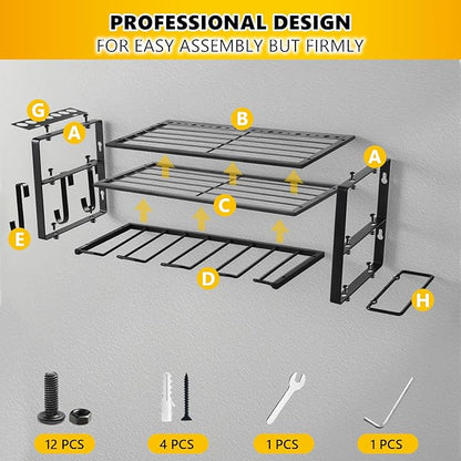 Power Tool Organizer Wall Mount,battery storage rack,Heavy Duty Iron Material, Garage & Workshop Tool Organizer Storage,150Lbs Load 3 Layers Storage Rack with 4 Drill Holders for Drills Cordless Tools