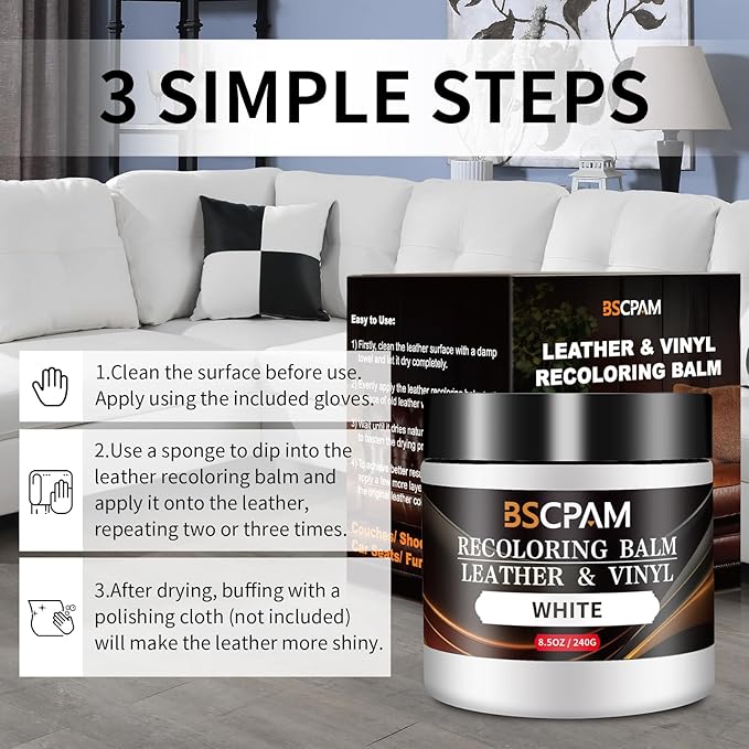 White Leather Recoloring Balm,Leather Couch Scratch/Stain Remover,Leather Repair kit for Vinyl Furniture and Car Interior,Leather Dye Paint for Scratched and Faded Leather Couches