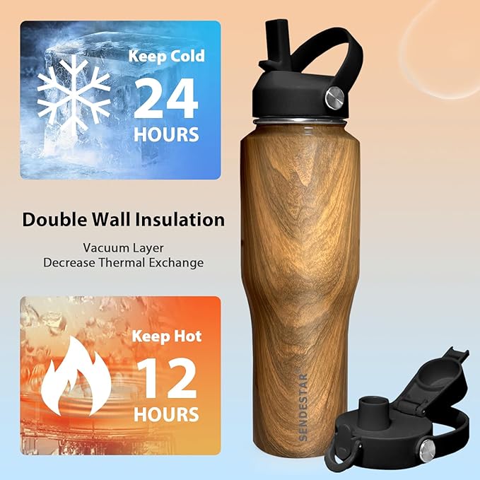 SENDESTAR 40oz Stainless Steel Water Bottle(Cold for 48 Hrs, Hot for 24 Hrs),Double Wall Vacuum Insulated Bottle with Straw Lid, Spout Lid and Flex Cap, Fit in Any Car Cup Holder TXIN-40-Wood