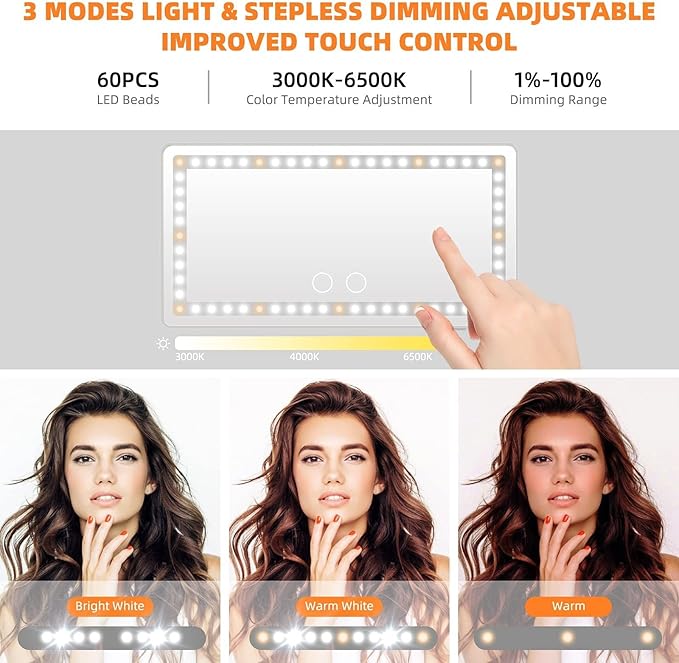 Car Sun Visor Vanity Mirror, Rechargeable Makeup Mirrors with 3 Light Modes & 60 LEDs- Dimmable Clip-on Rear View Sun-Shading Cosmetic Mirror with Touch on Screen, Universal for Truck SUV(Grey)