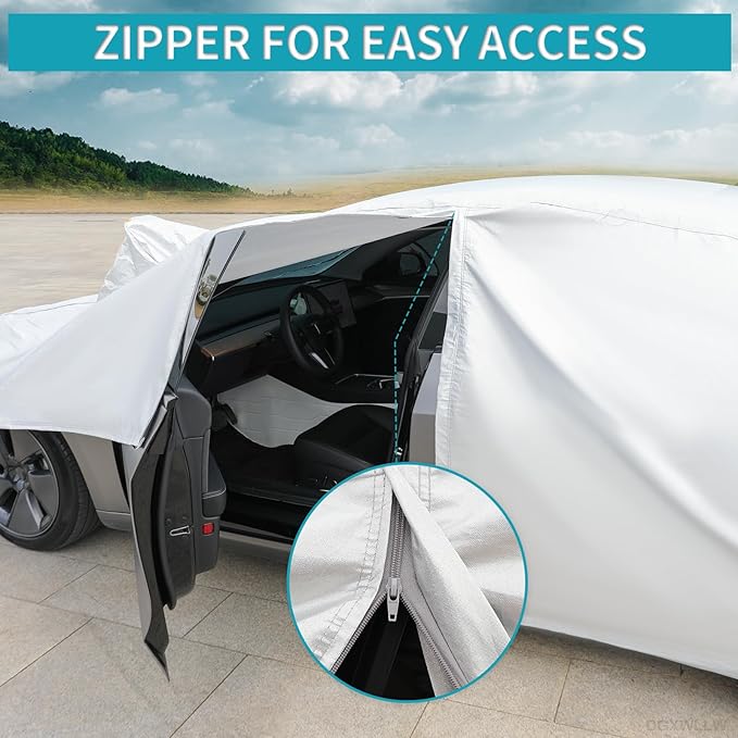 Car Cover for Tesla Model 3 2017-2025 Custom Fit Full Exterior Car Cover with Charging Port Door Zipper Ventilated Mesh Heavy Duty All Weather Waterproof Windproof Dust Snow Sun UV Protection