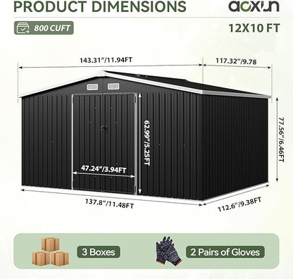 Aoxun 12x10 FT Shed Metal Outdoor Waterproof Storage Shed Steel Utility Garden Tool Shed with Door & Lock Outdoor Storage for Garden Patio Lawn Poolside, Black