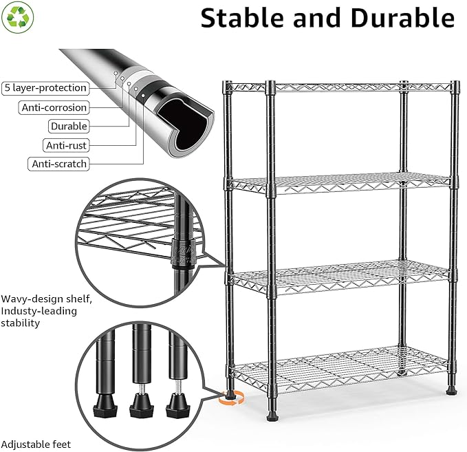 1000 lbs Storage Shelving Steel Heavy Duty 4-Tier Utility Shelving Unit Steel Organizer Wire Rack for Home,Kitchen,Office,Black (13.7" D x 23.6" W x 53.4" H)