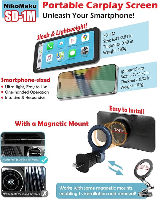 NikoMaku Wireless Carplay Screen, Portable Android Auto Car Stereo with Easy Setup Magnetic Mount, Compact Carplay Screen for Vehicle, Airplay, Mirror Link, Map Navigation, SD-1M (6.25 in)
