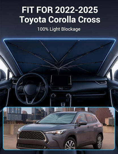 Proadsy Windshield Sun Shade Umbrella for Toyota Corolla Cross 2022-2025 2026 Foldable Car Umbrella Sunshade with Soft TPU Handle Spring Structure Crystal Cooling Material Protect Car from Rays & Heat