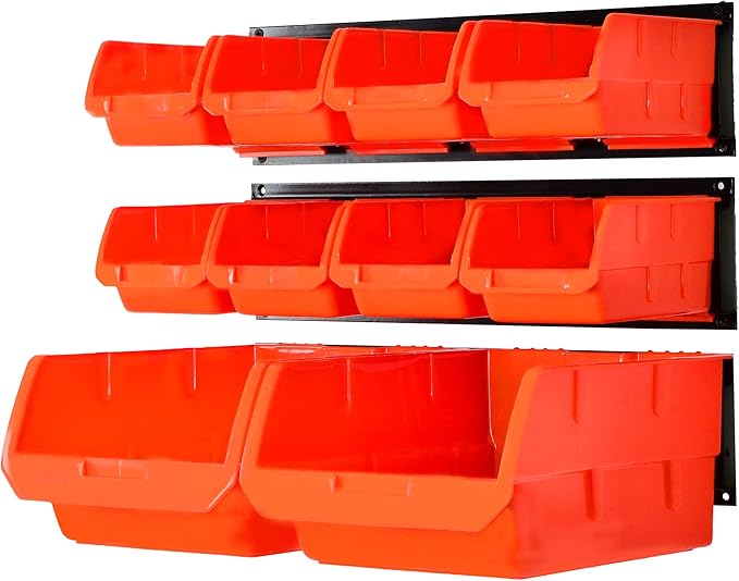 Wallmaster Wall Mounted Storage Bins, Wall Storage Bins Parts Rack 10 Bins&3 Rails Wall Mount Tool Organizer Hardware Storage Organizer (Orange)