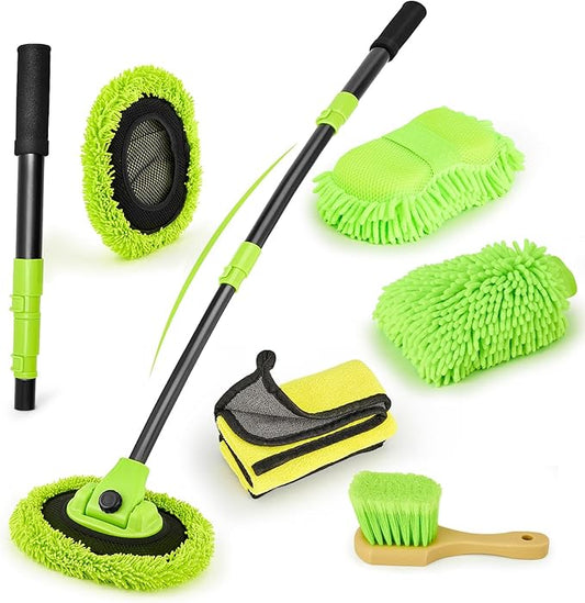 Car Wash Brush with Long Handle - 15° Curved Extendable Car Wash Mop,Soft Car Washing Brushes with Extra Microfiber Mop Head for Truck SUV Cleaning Not Hurt Paint Scratch Free