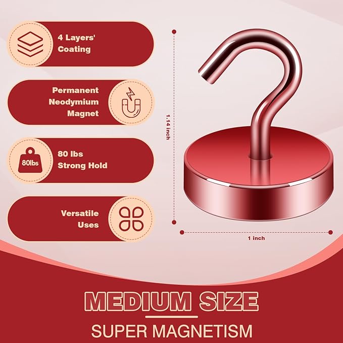 Neosmuk Magnetic Hooks, Cruise Ship Essentials, 80lb+ Heavy Duty Magnetic Hooks for Cruise Cabins, Refrigerator, Grill, Hanging, and Travel | Extra Strong Must-Haves Magnet Hook,Red