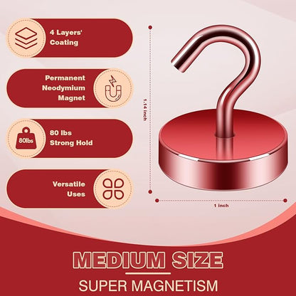 Neosmuk Magnetic Hooks, Cruise Ship Essentials, 80lb+ Heavy Duty Magnetic Hooks for Cruise Cabins, Refrigerator, Grill, Hanging, and Travel | Extra Strong Must-Haves Magnet Hook,Red