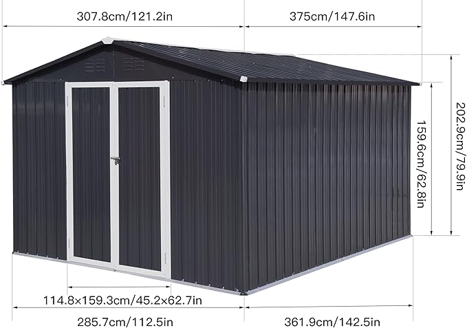 12 x 10 FT Metal Garden Shed, Outdoor Storage Shed with Heavy-Duty Steel Construction, Built-in Punched Vents & Hinged Door, Free Padlock for Secure Backyard, Patio & Garage Storage, Dark Grey