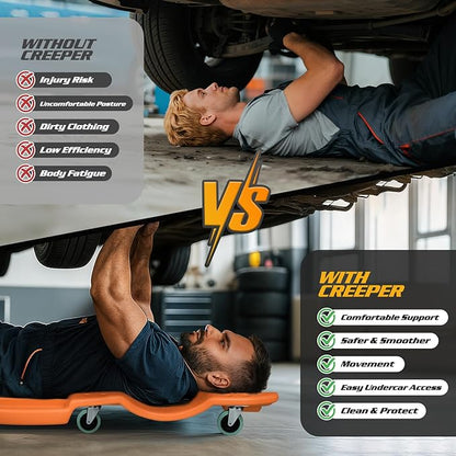 Magshion Mechanic Creeper with Padded Headrest & Tool Trays – 440 lbs Capacity, Rolling Garage Creeper with 6 Swivel Wheels, Lightweight & Portable Under Car Creeper for Auto Repair (Orange)