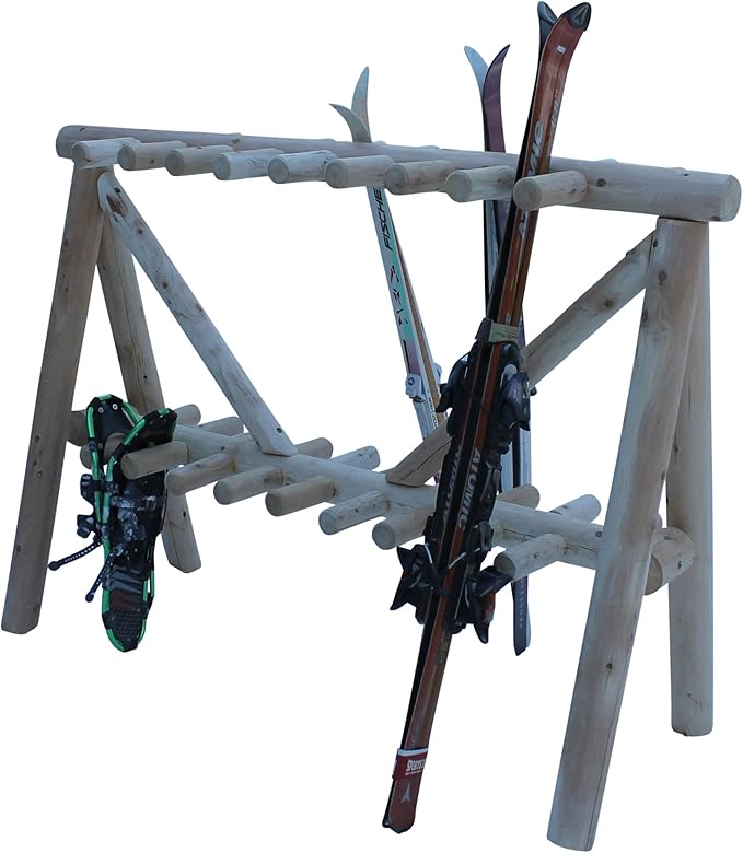 21-Place Freestanding Log Ski Rack Holder, Indoor & Outdoor Snowboard Racks, Standing Storage, Garage Racks for Snow Skis & Poles, Durable Snowboard Rack Garage Storage Organizer - Unfinished