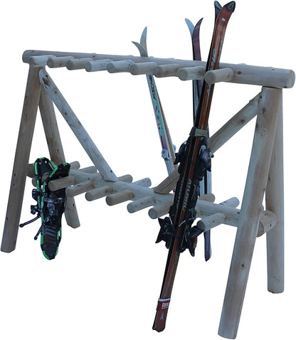 21-Place Freestanding Log Ski Rack Holder, Indoor & Outdoor Snowboard Racks, Standing Storage, Garage Racks for Snow Skis & Poles, Durable Snowboard Rack Garage Storage Organizer - Unfinished