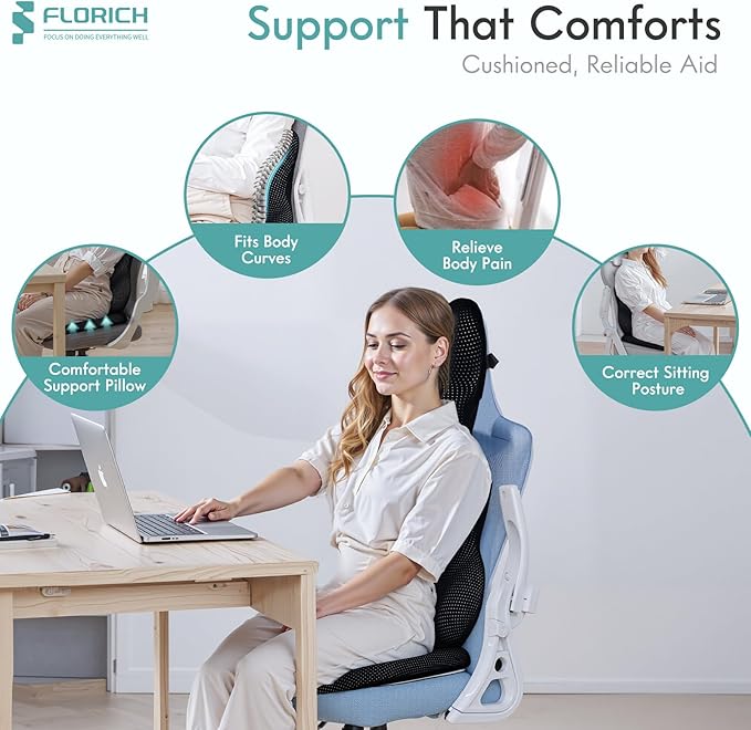 FLORICH Car Seat Cushion and Lumbar Support Pillow for Office Chair Car, Neck Headrest Pillow, Ergonomic Memory Foam, Pressure-Relieving Back Support for Car, Office Chair & Wheelchair – Black