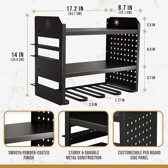 Power Tool Organizer Wall Mount - 3-Tier Heavy-Duty Metal Hand Tool Storage Rack, Utility Racks, Drill Holder, PegBoard Side, & More - Garage Storage Cordless Tool Organizer (Black)