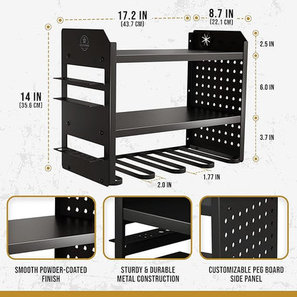 Power Tool Organizer Wall Mount - 3-Tier Heavy-Duty Metal Hand Tool Storage Rack, Utility Racks, Drill Holder, PegBoard Side, & More - Garage Storage Cordless Tool Organizer (Black)