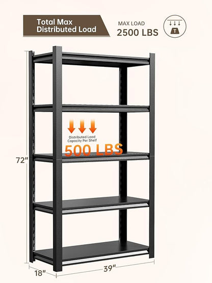 JHYKHG 39" W Storage Shelves,5-Tier Heavy Duty Garage Shelving,Adjustable Shelving Unit,Metal Shelf,Boltless Assembly Rack for Warehouse,Shed,2,500 lb Load,18 x 39 x 72 Inches,Black