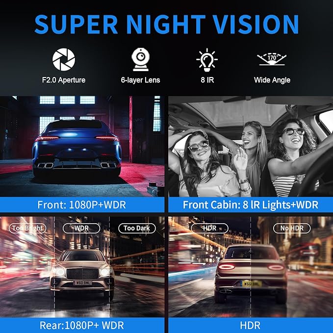4 Channel Dash Cam Front and Rear, 360°Dash Camera for Car FHD 2K+3x1080P Touch Screen, 8 IR Night Vision, 5G WiFi, APP Control, G-Sensor, Loop Recording, Built-in GPS with 64GB Car, 24H Parking Mode