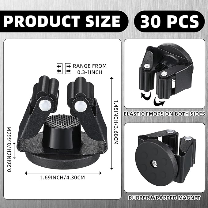 30 Pcs Magnetic Mop Broom Holder Movable Magnetic Broom Holder Rack, Anti Slip Wall Mounted Utility for Cleaning Tools, Garage, Kitchen, Laundry, Garden (Black)