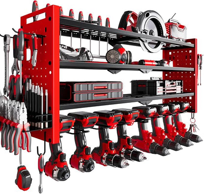 Power Tool Organizer Wall Mount,Cordless Drill Organizer,4 Layers Large Capacity Tool Rack with 8 Drill Holders (RED)