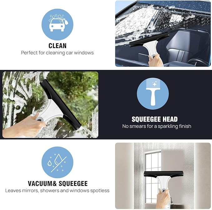 Handheld Window Vacuum Cleaner, Small Rechargeable Window Vacuum Cleaner with Multi-Function Spray Bottle and Microfiber Cloth for Windows, Tiles, Mirrors, countertops and car windshields.