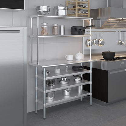 Amgood 18" x 48" Stainless Steel Work Table with 3 Shelves and 12" Wide Double Tier Overshelf | Metal Kitchen Prep Table & Shelving Combo | NSF