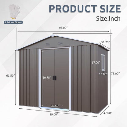 4x8 FT Outdoor Storage Shed, Metal Garden Shed with Frame Floor, Outside Tool Shed with Window, Waterproof Storage Building with Lockable Sliding Doors & Sloped Roof for Backyard, Patio, Warm Gray