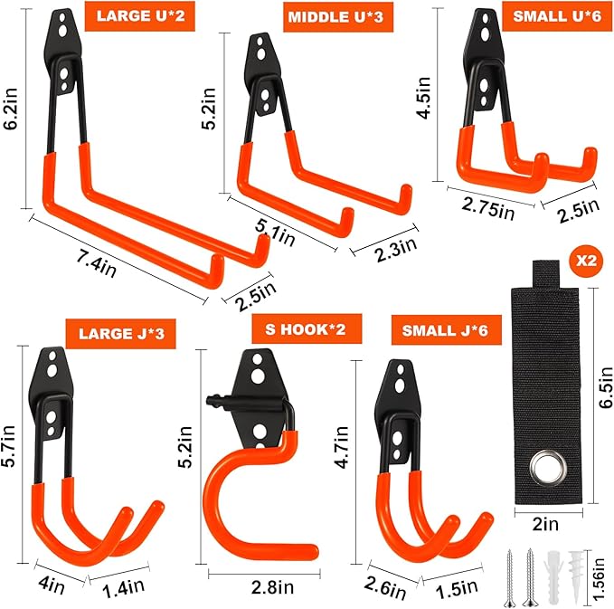 Garage Hook Heavy Duty Wall Storage Hangers, 24 Pack Garage Storage Hooks Steel Tool Orange for Ladders, Ropes, Garden Tools