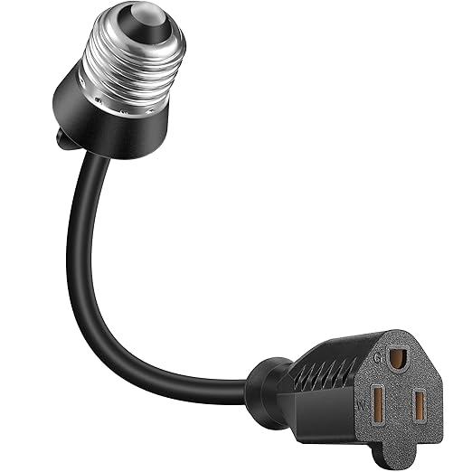 Feekoon 1 Pack 3 Outlet Light Socket Adapter, Convert E26/E27 Bulb Socket to 3 Prong Outlet with Extension Cord, Light Bulb Plug Adapter Converter Suitable for Outdoor Porch Garage Patio Use (Black)